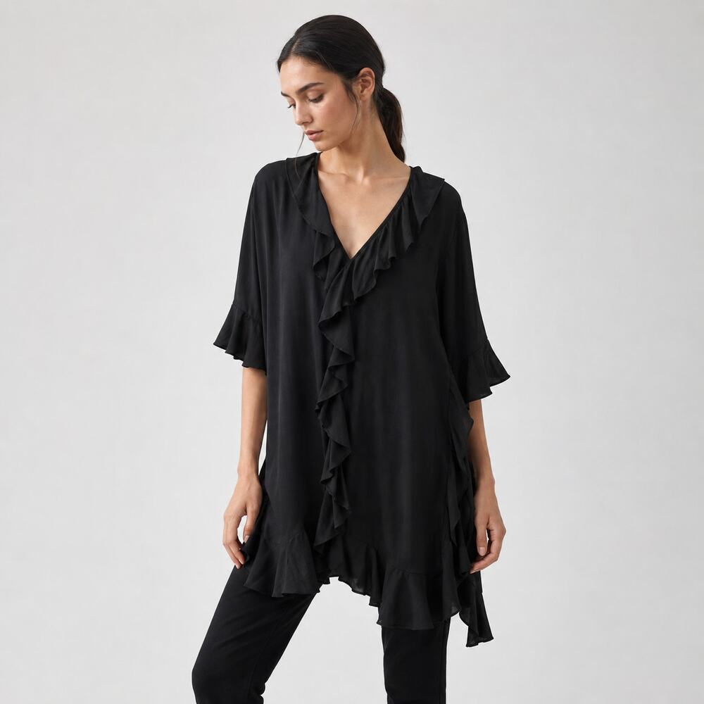 Uterque Ruffle Satin Tunic Women Oversize Small Black Pullover Modern Statement
